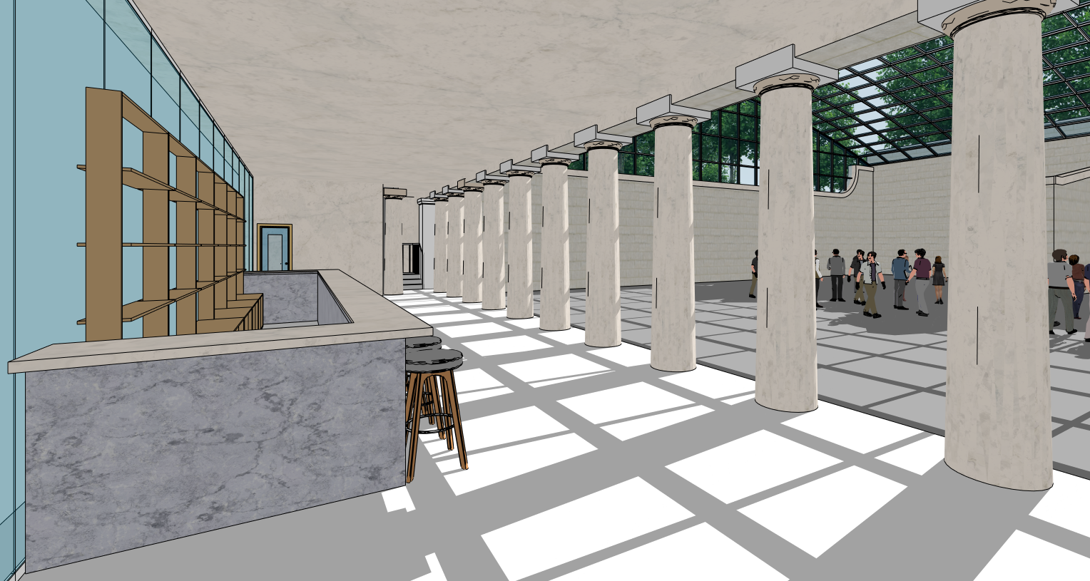 Artist's impression of the colonnade refreshment bar and concourse