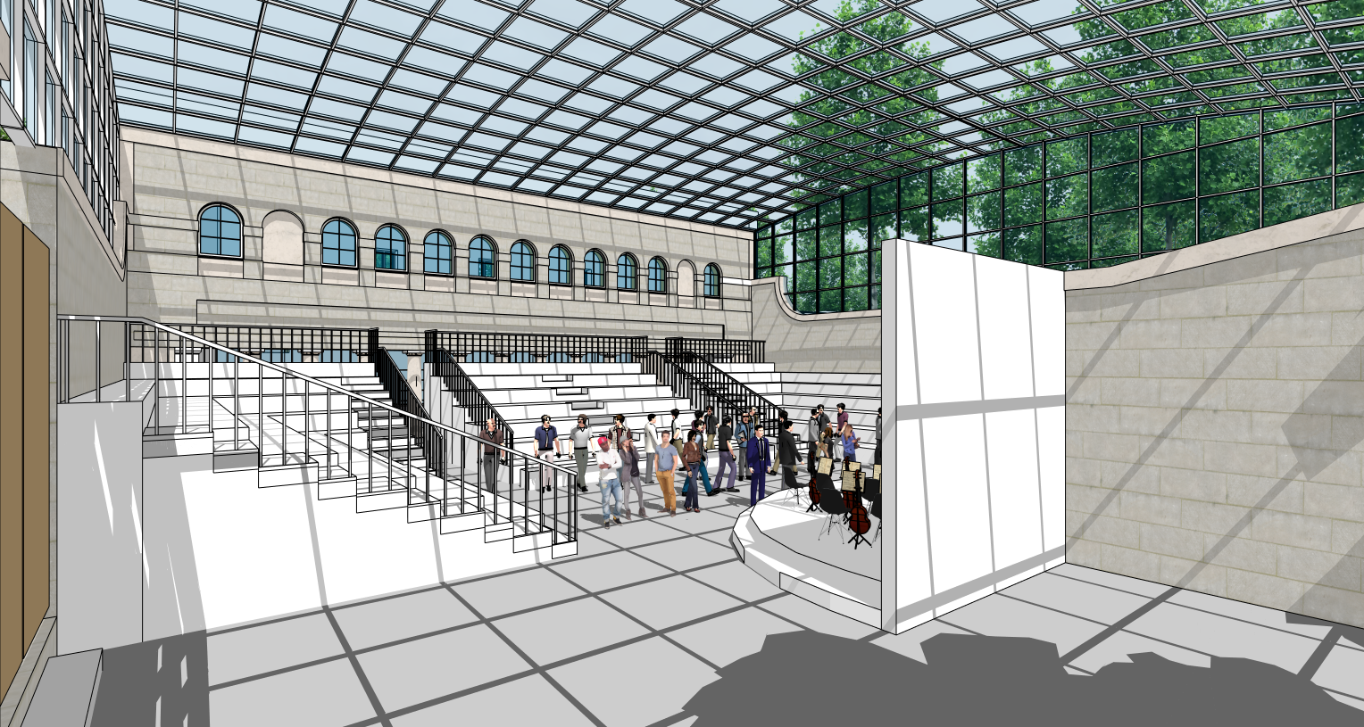 Artist's impression of the concert configuration with audience and glass roof above the historic colonnade